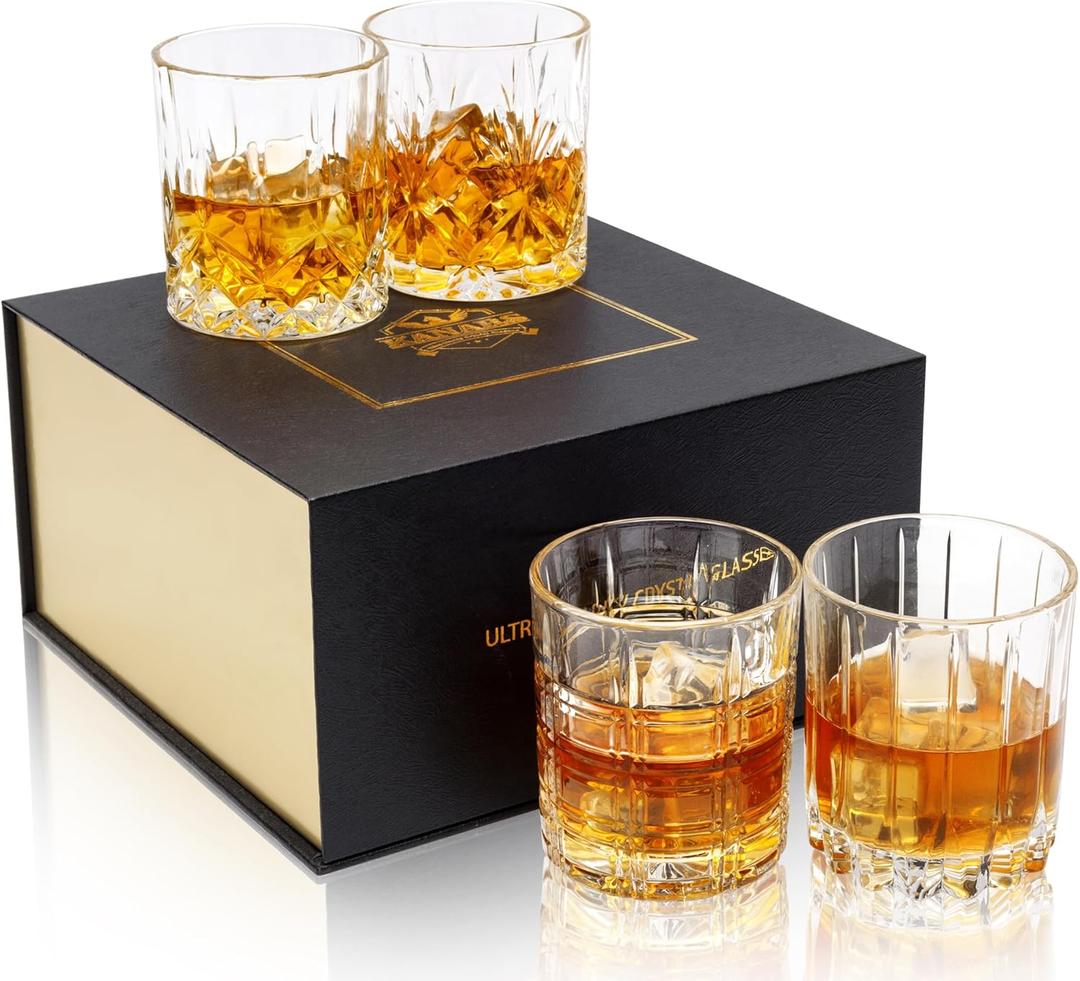 KANARS Whiskey Glasses Set of 4 - Multi Style Crystal Liquor Glasses 10 oz - Rocks Glass Barware For Scotch, Bourbon, Rum and Cocktail, Whisky Gifts for Men Dad Brother Adult