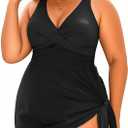 Daci Plus Size One Piece Swimsuits for Women Flowy Asymmetrical Hem Swim Dress with Shorts Built in (24 Plus, Black)
