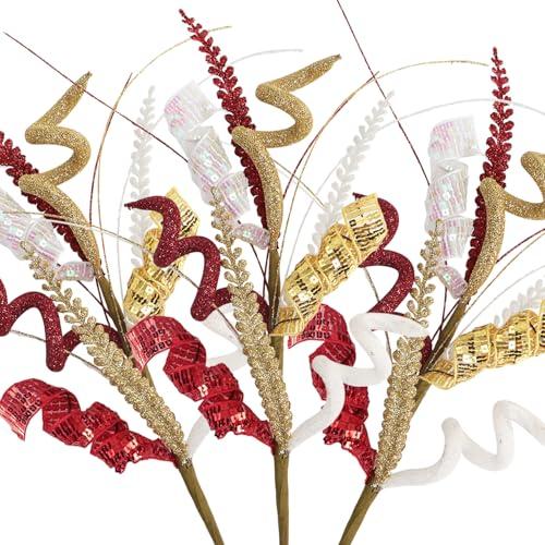 3Pcs Christmas Sequin Curly Picks, 16-inch Artificial Glitter Curly Twigs Sprays Decorative Stem Xmas Tree Topper Ornaments for Christmas Decoration Vase Filler Home Office Decor (Red White, Gold)