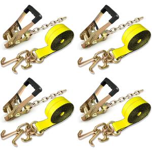 4PCs Towing Recovery Winch Strap w/RTJ Cluster Hook 2" x12', with 4PCs Ratchet Chain Tail, 10000LBS Recovery Towing Truck Straps, Towing Truck Car Trailer Winch Wrecker Tie Down Straps