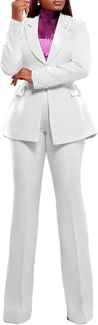 Tcremisa Womens Fashion Pants Suit 2 Piece Business Outfits Pearls Long Sleeve Blazer and Slim Fit Pants Sets M