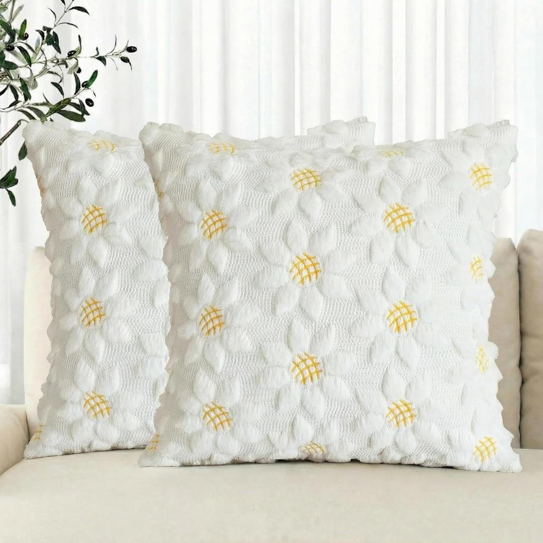 AVOIN colorlife Spring Summer Cream White Sunflower Throw Pillow Covers Set of 2, 20 x 20 Inch Seasonal Flora Farmhouse Decor Flower Soft Plush Faux Fur Jacquard Cushion Case for Home Sofa