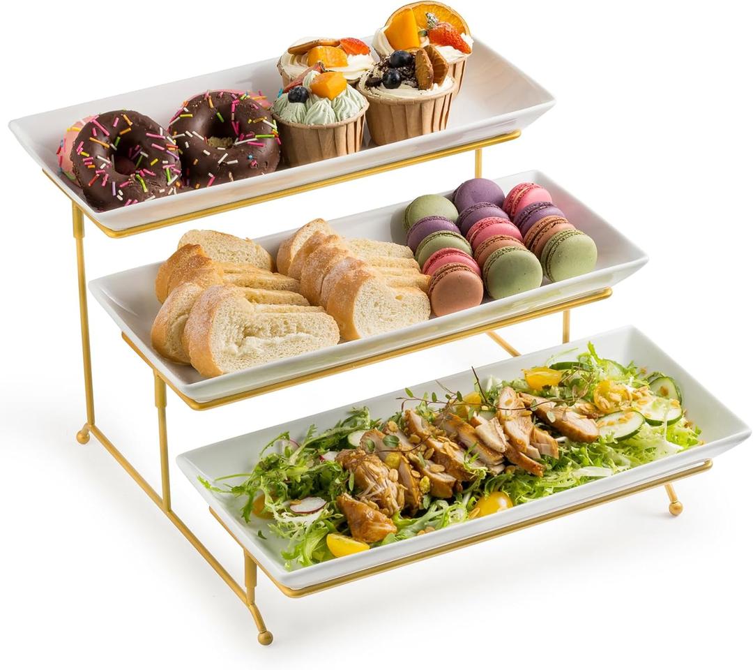 LYEOBOH 3 Tier Serving Stand and Platters Set Large Tiered Serving Platters with Collapsible Sturdier Rack 14 Inches Tiered Serving Tray for Appetizer Fruit, Dessert and Cupcake, White (Gold)