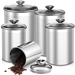 LemonRoad 5 Pcs Stainless Steel Canister with Glass Lids Airtight Food Jar Storage Canister Set (1.0qt / 1.8qt / 2.8qt / 3.9qt / 6.0qt) Food Grade Storage Containers for Kitchen (Silver)