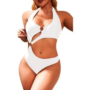 Women One Piece Swimsuit Slimming Cutout Fashoin Swimwear Metal Ring Bathing Suit Female Beachwear (X-Large, White)