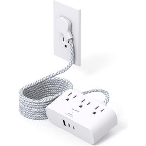 Flat Extension Cord 10 Ft, HANYCONY Ultra Thin Flat Plug Power Strip, 3 Outlets 3 USB Ports(2 USB C) Desk Charging Station, Power Strip with No Surge Protector for Cruise Ship Dorm Room Essentials (White)