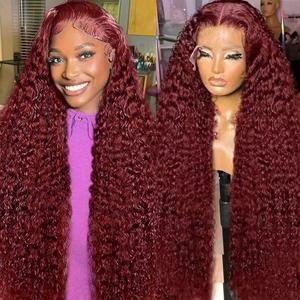 30 Inch 99j Burgundy Deep Wave Lace Front Wigs Human Hair 99j 13x6 HD Lace Front Wigs Human Hair 200 Density Glueless Deep Wave Wig Pre Plucked Red Colored Curly Wig for Women