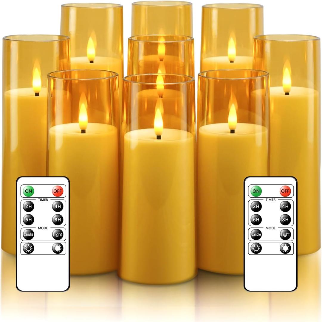 kakoya Flickering Flameless Candles Battery Operated with Remote and 2/4/6/8 H Timer Acrylic Led Pillar Candles Pack of 9 (appr D2.3"xH5.5"6.5"7.5")with Realistic 3D Wick Candles for Home Decor(Gold)