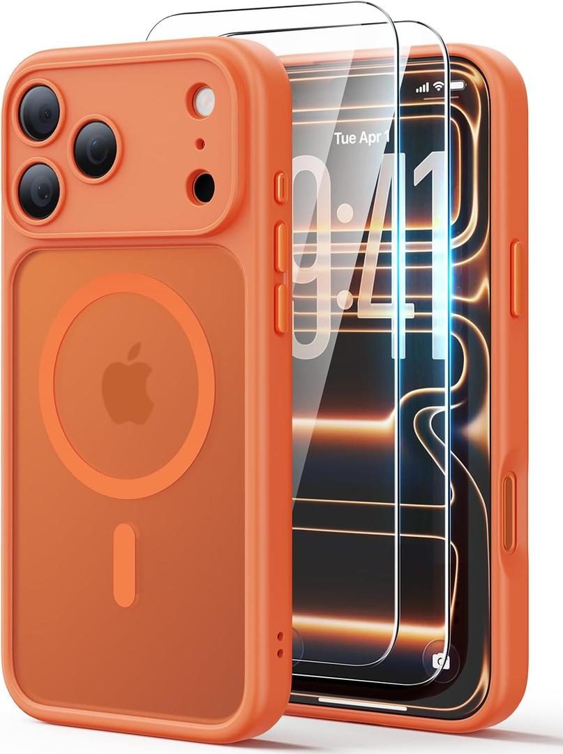 JJL for iPhone 17 Pro Case with 2 Pack Screen Protectors, Compatible with MagSafe, Full Camera Protection, Translucent Matte Magnetic Phone Cover, Orange