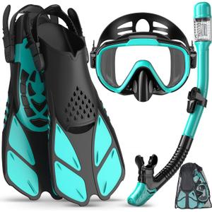 Ubekezele Snorkeling Gear for Adults Men Women,4 in 1 Snorkel Set with Panoramic View Diving Mask Anti-Fog Anti-Leak,Dry Top Snorkel,Fins and Travel Bag for Swimming, Snorkeling and Travel Diving (Small-Medium, GREEN)