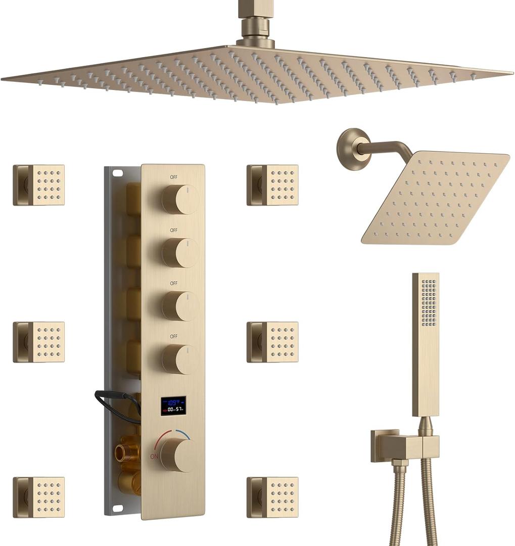 Brushed Gold Shower System Temperature Display Shower Faucet Set with 12 inch and 8 inch Full Body Shower Head, with 6 PCS Body Jet and Handheld Spray