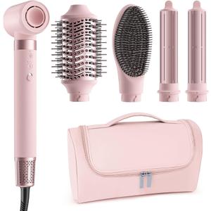 5 in 1 Hot Air Styler Wrap - High-Speed Hair Dryer, Volumizing Brush with Auto Curlers, Fast Drying & Frizz-Free Styling Straightening, No Heat Damage, Includes Travel Bag, Gift for Women (Pink)