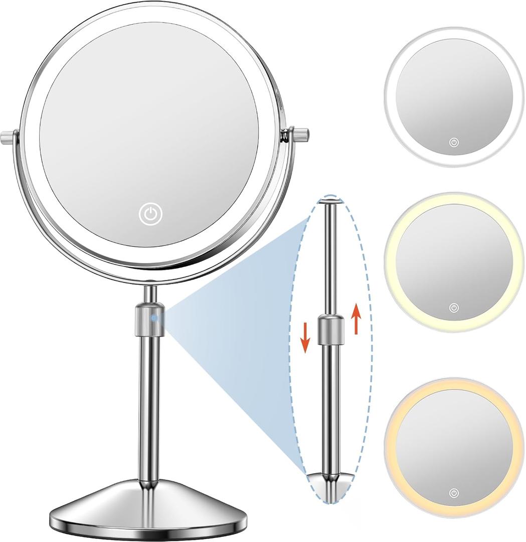 Vanity Mirror with Lights 7" Rechargeable 1x/10x Lighted Makeup Mirror Adjustable Height Double Sided Mirror with Lights 360Rotating Makeup Mirror