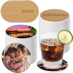 50 Pack Round Sublimation Blank Ceramic Coasters with Cork Backing, 4X4inch Matte Finish Blank Ceramic Tiles Crafts Coasters Pads for Sublimation Transfer Heat Press Printing DIY Crafts