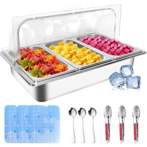 Countertop Ice Food Serving Display Tray with 3 Pan, Portable Salad Bar Buffet Station for Home, Cold Food Buffet Server, Pizza Topping Station, Cold Buffet Table Serving Station for Party