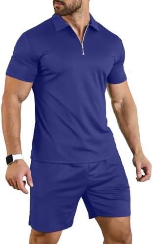 YTD Mens Short Sleeve Casual Polo Shirt and Shorts Sets Two Piece Summer Outfits Zip Polo Tracksuit Set for Men L