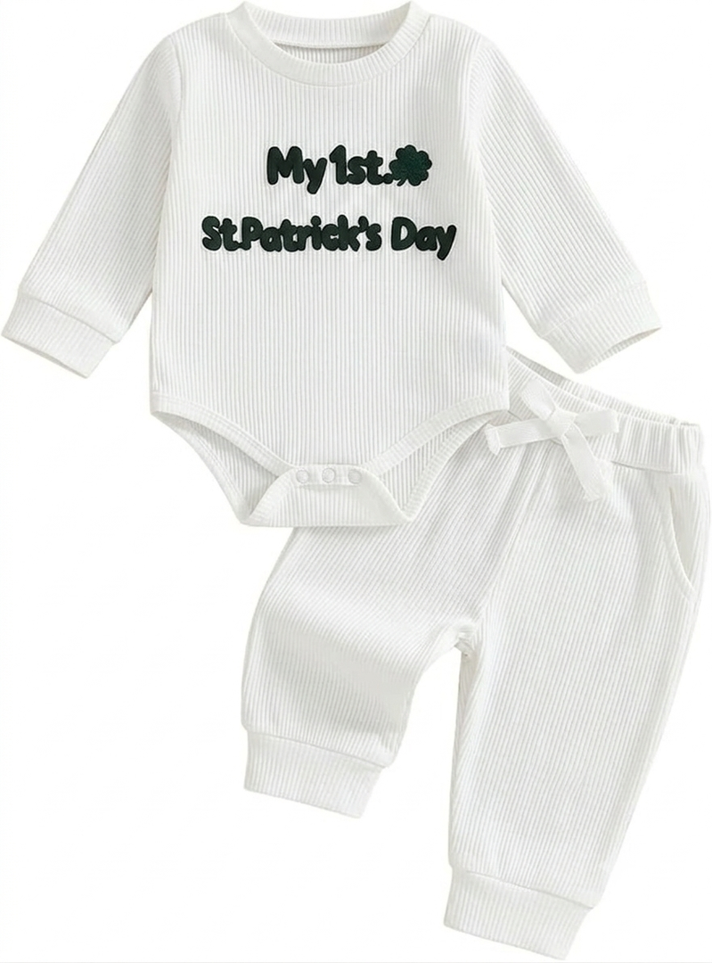 Douhoow Baby Boy St Patricks Day Outfit Infant Boy Girl My 1st St Patricks Embroidered Baby Sweatshirt Romper Pants Set (White, 9-12 Months)