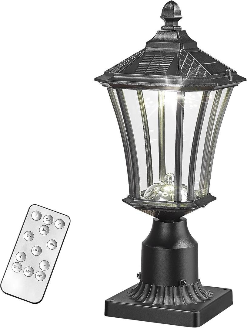 Ken & Ricky 17" LED Solar Post Lights, Aluminium Waterproof Solar Lamp Post, Black Pole Lights Outdoor(Pier Mount Base Included), KR4203-W-1PK-2