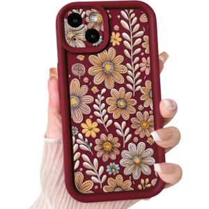 Lovmooful Compatible for iPhone 15 Case Aesthetic Cute Color Flower Floral Leaf Design for Girls Women Soft TPU Shockproof More Protective Girly for iPhone 15 Case-Wine Red