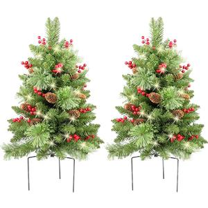 HomeKaren Christmas Tree 24 inch Prelit 2 Set Pathway Porch Christmas Trees Pre-Light LED Battery Operated Outdoor Xmas Decor for Entrance Driveway, Yard, Garden, Red Berries, Pine Cones
