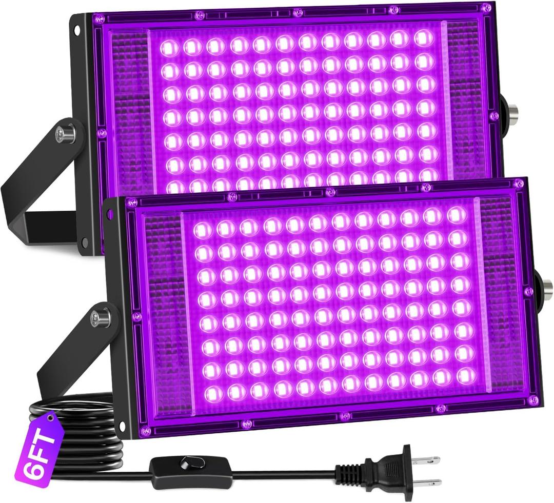 2 Pack 100W LED Black Light IP66 Waterproof, Outdoor Blacklight Flood Light with Plug+Switch, Powerful for Halloween Neon Glow in The Dark Party Body Paint Poster Classroom Stage Lighting