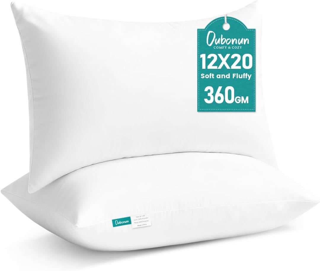 Oubonun 12 x 20 Throw Pillow Inserts - Soft, Plush & Decorative Down Alternative Pillows for Couch Sofa Bed, Machine Washable - White, Pack of 2