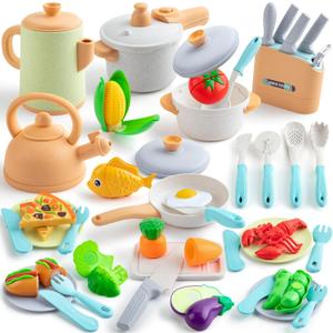 Kids Play Kitchen Accessories, 42Pcs Toddlers Pretend Toy Kitchen Playset Cooking Sets with Pressure Pots and Pans, Cookware, Utensils, Cutting Play Food Preschool Education Toys Gift for Girls Boys