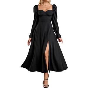 Women High Slit Long Sleeve Maxi Dress Fall Wedding Guest Sweetheart Neckline Casual Long Dresses (Medium, Black)