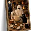 Framed Funny Halloween Kitchen Canvas Wall Art, Ghost Baking Cookies with Black Cat Wall Decor, Spooky Pumpkin Canvas Print Poster for Kitchen Dining Room Halloween Home Decor 16x24 Inch