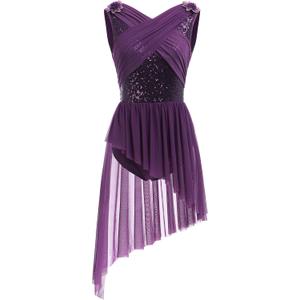 AFAVOM Women's Lyrical Dance Costume Sequin Flower Lyrical Dress Asymmetric Flowy Tulle Skirt Contemporary Dance Costumes (Medium, Purple)