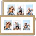 Hongkee 10x20 Picture Frame Set of 2, Natural Oak Wood Frame with Real Glass Collage Frame, Display Pictures Three 5x7 With Mat or 10 x 20 Without Mat - Horizontal or Vertical Wall Mounting
