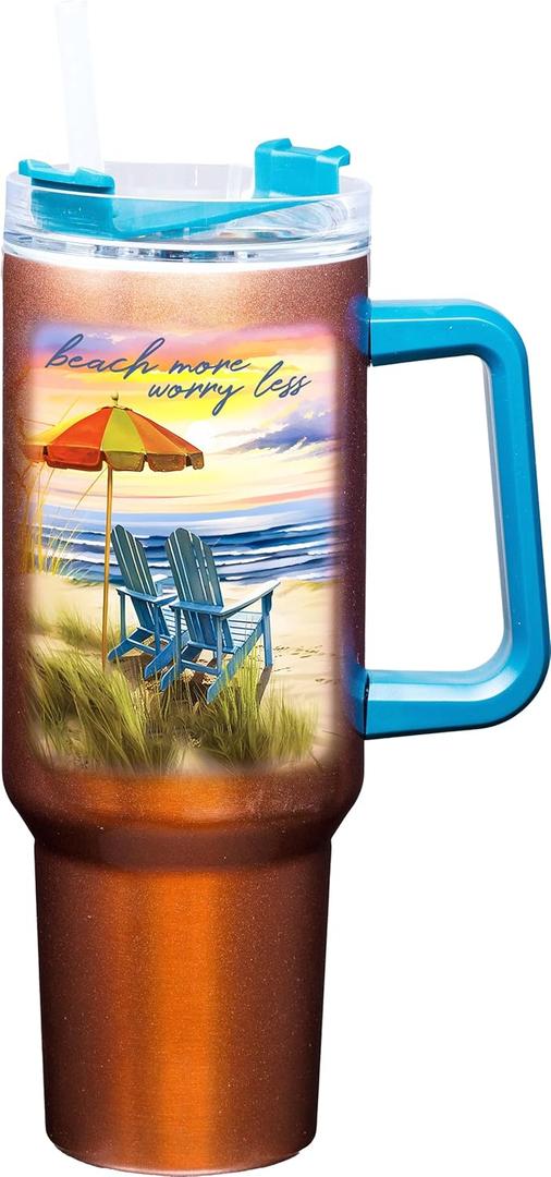 Spoontiques Large Beach Stainless Steel Travel Mug with Handle - 40 oz Capacity - Double Wall Stainless Steel with Sliding Lock Travel Lid - 12.5 Tall