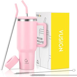 VUSIGN 40 oz Tumbler with Handle and Straw Lid, Stainless Steel Vacuum Insulated Tumbler Travel Mug Water Bottle Cup for Water Iced Tea Coffee Smoothie Car, Blush