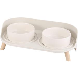 Raised Cat Food and Water Bowl Set - Elevated Ceramic Dishes with Non-Slip Stand and Splash Guard for Small Dogs - 2 x 320 ML (4.9 OZ) - White