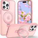Magnetic for iPhone 15 Pro Max Case with Ring Stand, [10 FT Drop Protection] [Velvety Touch] Slim Translucent Matte Back Shockproof Phone Case for iPhone 15 Pro Max 6.7'', Pink