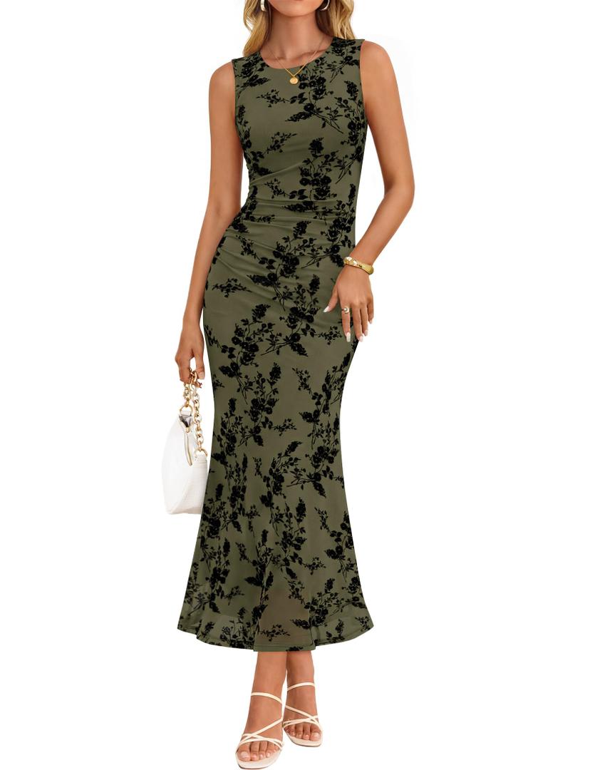 ZESICA Women's Sleeveless Floral Bodycon Maxi Dress 2026 Summer Ruched Mesh Wedding Guest Cocktail Party Dresses M