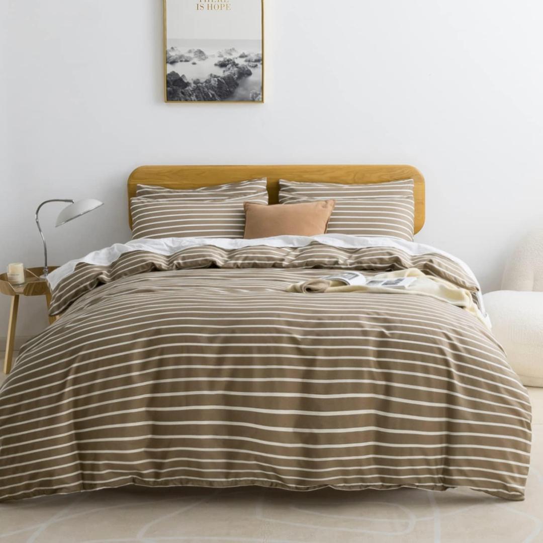 JELLYMONI King Duvet Cover Set, Cotton Duvet Cover 3 Pieces with Zipper Closure, 1 Duvet Cover and 2 Pillowcases, (Khaki with White Striped)