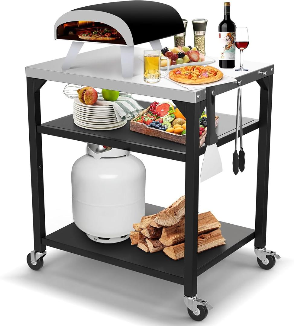 Pizza Oven Table for Ooni, Ninja, Woodfire, Blackstone, Bighorn, Cuisinart, Outdoor Grill Table for Ooni Pizza Oven Accessories, Movable Pizza Oven Stand as Food Prep Cart, Barbecue Tool Set