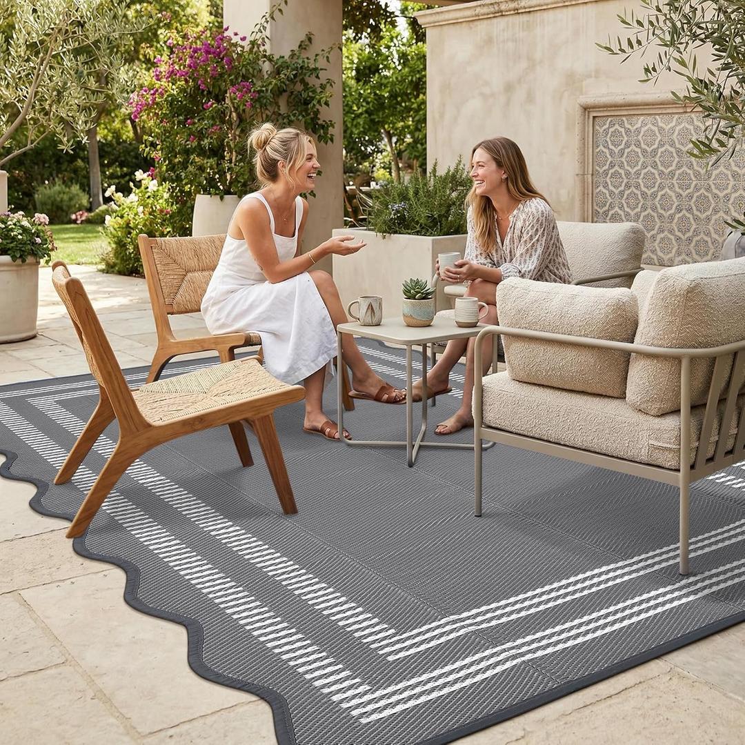 Garvee Waterproof Outdoor Rug 10x20, Scalloped Geometric Foldable Plastic Straw Patio Camping Rug, Outdoor RV Carpet for Deck Camper Porch Balcony Backyard Picnic Beach Gray 