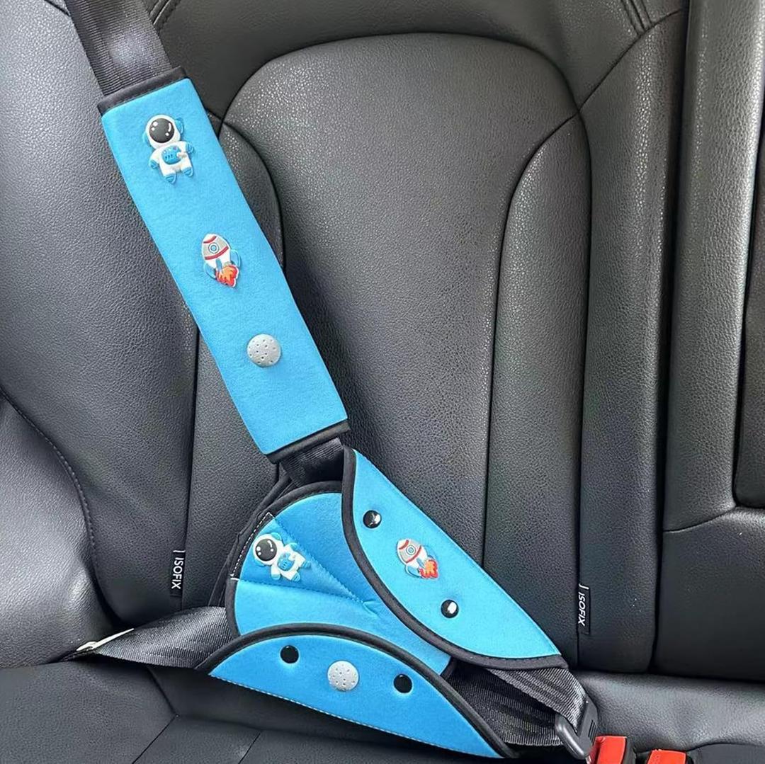 Car Seat Belt Holder & Shoulder Protection Set, Universal Anti-Neck Seat Belt Cover Pad, Cute Soft Seat Belt Cushion for Boys & Girls, Belly Protector for Comfortable Travel (Blue)