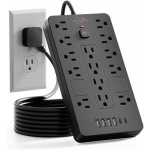 Surge Protector Power Strip-14 Outlets and 6 USB Ports, 6 Feet Flat Plug Extension Cord, 1850 Joules, Black, ETL Listed for Home, Office, Dorm Room