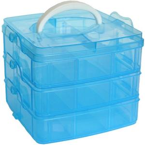 Kamay's 3-Tier Transparent Stackable Adjustable Compartment Slot Plastic Craft Storage Box Organizer Snap-Lock Tray Container 3 Sizes (Medium 18 Compartment, Blue)