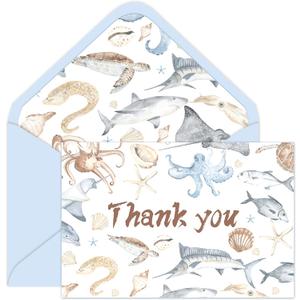 24pcs Baby Shower Ocean Thank You Cards with Envelopes, Sea Animals Greeting Cards for Baby Shower, Bridal Shower and Wedding, 4 x 6 Inch