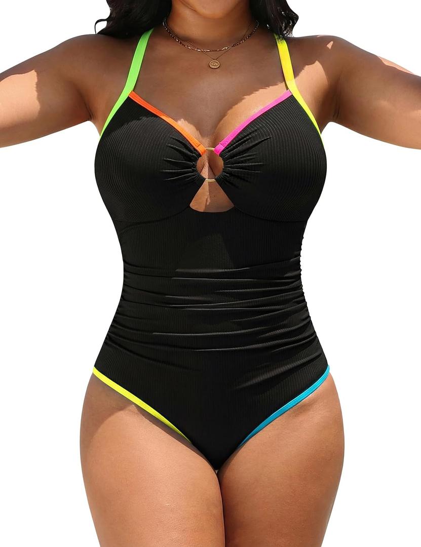 Blooming Jelly Womens One Piece Swimsuit Slimming Tummy Control Bathing Suit Shapewear Full Coverage Swim Suits (X-Large, Neon Black)