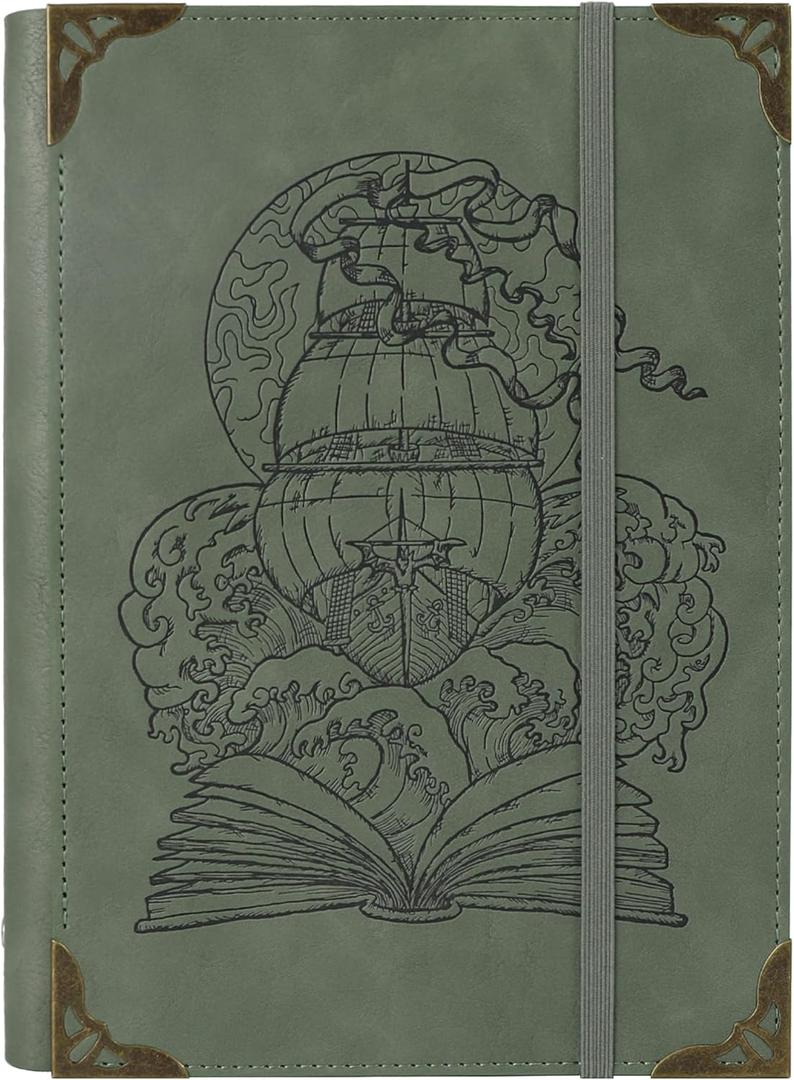 TIEFOSSI A5 Binder 6 Ring Notebook for Women Men, Hardcover PU Leather Journal, Vintage Ship Journal, College Ruled Notebook for School, Planner, Travel, Work, Organizer (B-Bean Green)