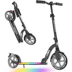 BELEEV V10 Big Wheel Scooter for Kids Ages 6+ with Light-Up Deck, 2 Wheel Folding Scooter for Adults Teens, 5 Adjustable Height, Lightweight Kick Scooter with Carry Strap, Up to 220 lbs, Black