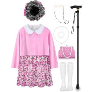 Old Lady Costume for Kids 100 Days of School Costume for Girls 100th Day of School Granny Old Lady Dress Up Accessory (8-10Years, Pink)