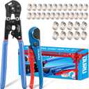 OURU 2 IN 1 Ratchet Pex Crimping Tool Cinch and Remove Combo Function Pex Pipe Crimp Tool from 3/8" to 1" Pex Crimper with Pex Cutter and Stainless Steel Pex Clamps 1/2" 25PCS,3/4" 10PCS