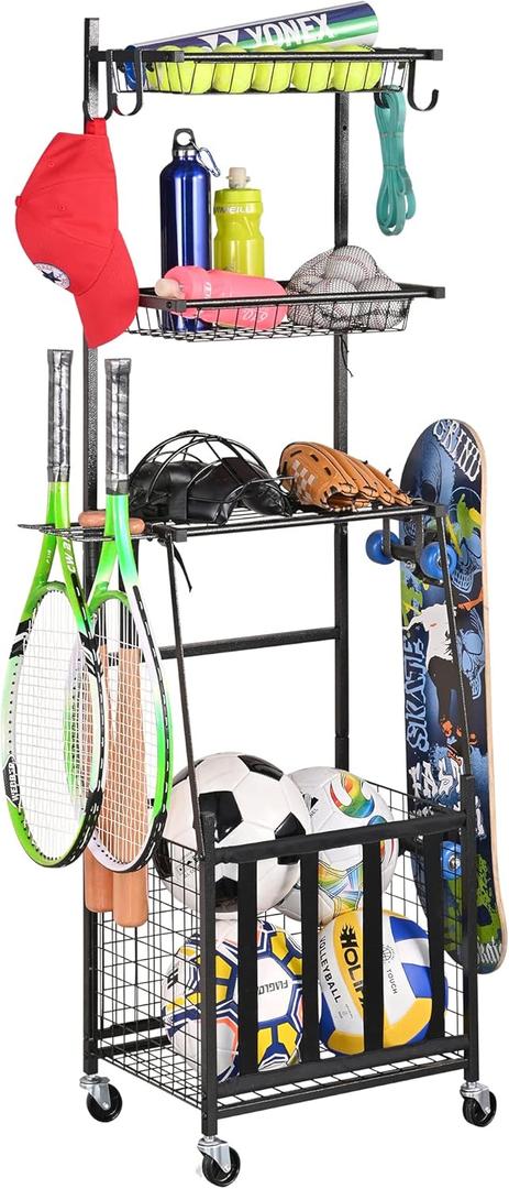 PLKOW Sports Equipment Storage for Garage, Indoor/Outdoor Sports Rack for Garage, Ball Storage Garage Organizer with Basket and Hooks,Toy/Sports Gear Storage (Black, 17.2"L x 12.6"W x 59"H)