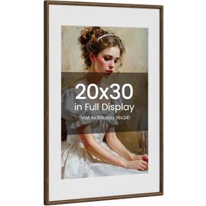 20x30 Picture Frame Natural Oak Wood From California-USA Walnut Color Finished Handcrafted 20 x 30 Poster Frame Matted to 16x24 Photo with Real Tempered Glass,for Photo,Certificate,Degree,Graduation